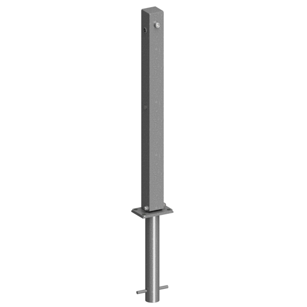 Barrier posts | Steel tube 70 x 70 mm | foldable, with 8 mm triangular lock | for casting in concretewith ground socket part-no. 470.60approx. 400 mm below ground | hot-dip galvanized and red coatedwith three white reflecting stripes | without eyelet